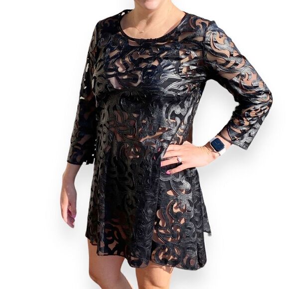 Joseph Ribkoff Vintage Mesh Faux Leather Appliqué Black Mini Swing Dress Size 8 - Picture 9 of 11
